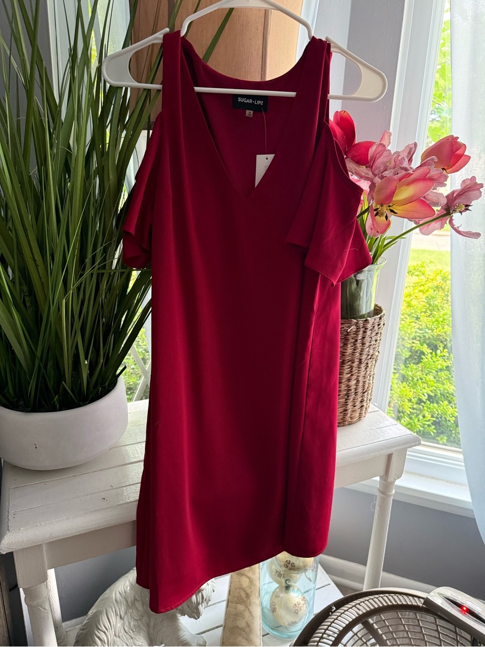 Sugarlips Cold-Shoulder V-Neck Mini Dress in Burgundy Red